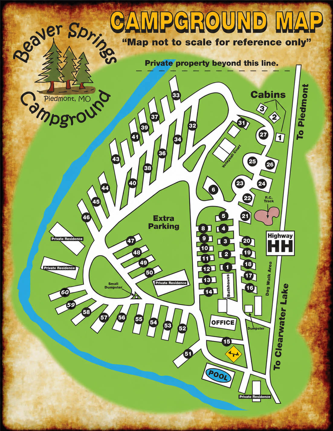 2026 campground site map for Beaver Springs Campground in Piedmont, Missouri showing RV sites, cabins, pool, office, bathhouse, dog walk area, and campground amenities.